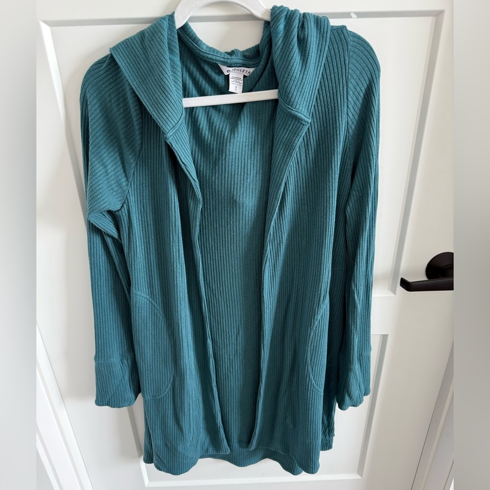 Athleta Harmony Pose Wrap Cardigan Teal Blue Ribbed Open Front Sweater Size S - Picture 1 of 4